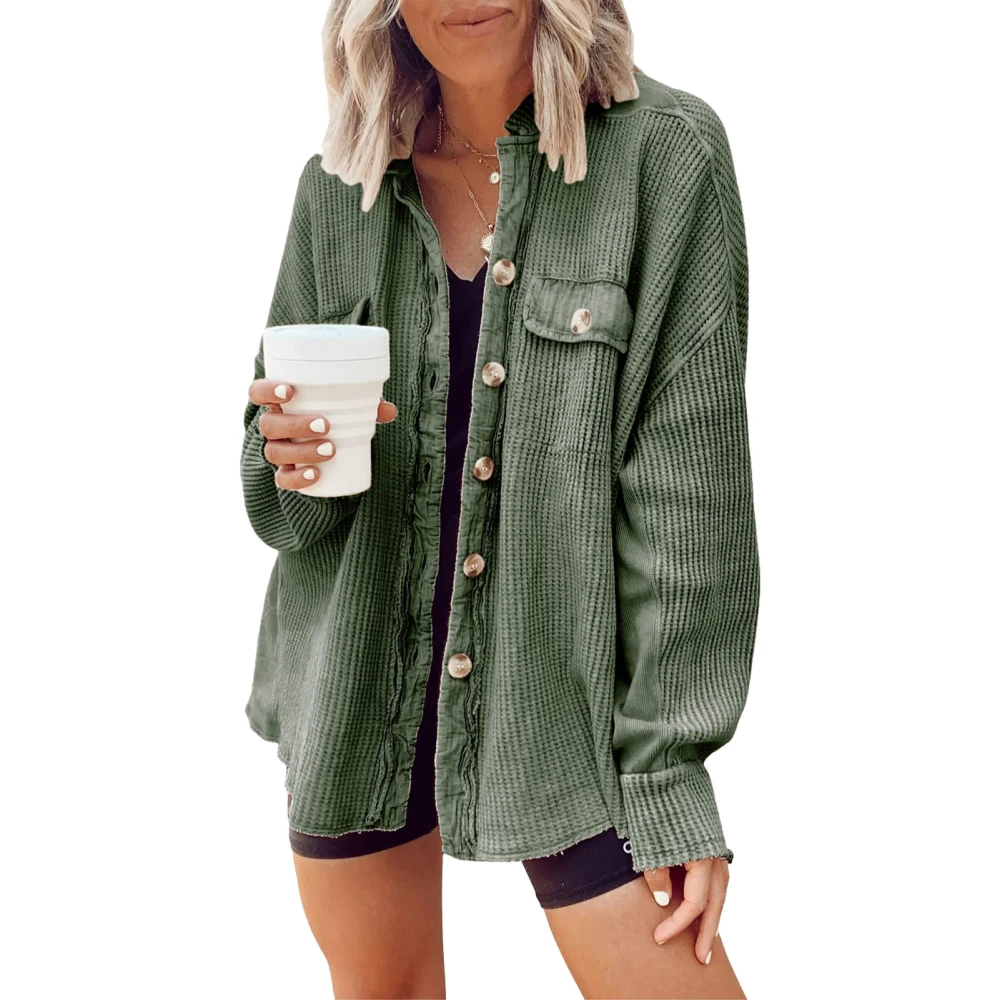 Waffle Knit Button Down Shirt Oversized Boyfriend Shirt Jacket Loose Casual Women Waffle Knit Shacket for Fall Winter Light Green XL