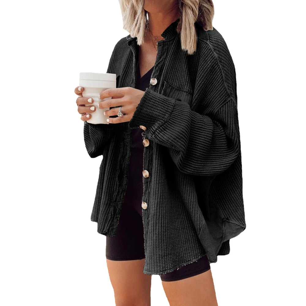 Waffle Knit Button Down Shirt Oversized Boyfriend Shirt Jacket Loose Casual Women Waffle Knit Shacket for Fall Winter Black L