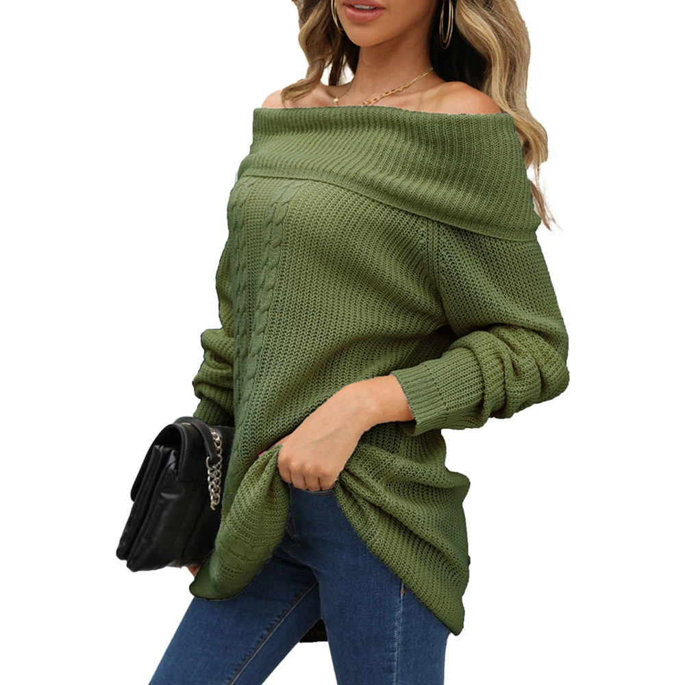 Women Long Sleeve Sweater Long Hem Boat Neck Off Shoulder Knitted Top for Autumn and Winter Olive Green S