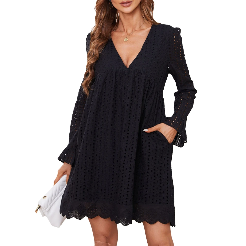 Women Dress One Piece Lace V Neck Long Sleeve Pure Colour with Pockets for Home Office Black XL