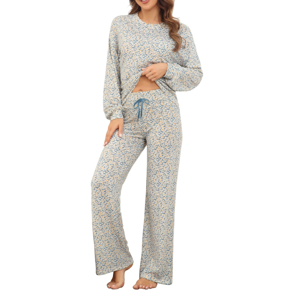 Women Pajamas Set Soft Breathable 2 Piece Crewneck Long Sleeve Tops Drawstring Pants Sleepwear Loungewear Yellow Flowers On Blue M