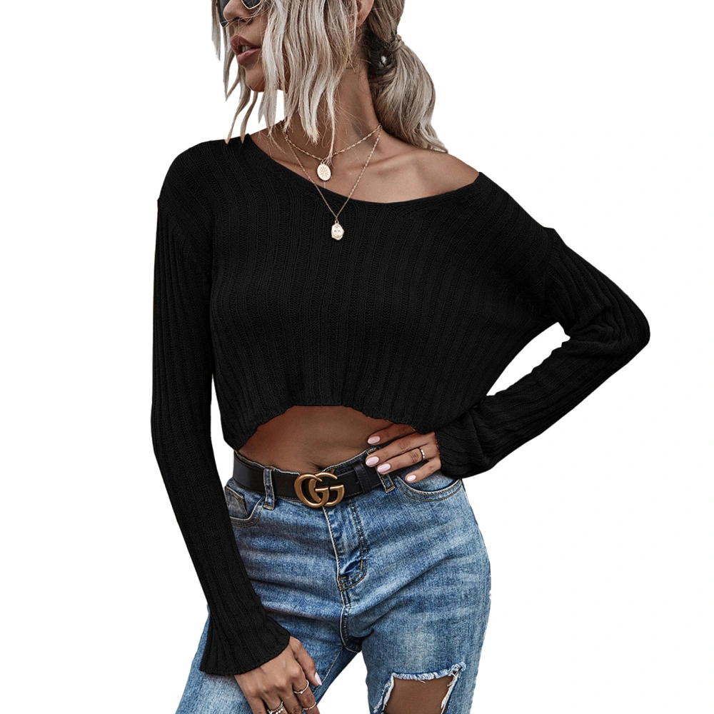 V Neck Knitted Shirt Drop Shoulder Long Sleeve Top Sweater Casual Loose Short Sweater Black L