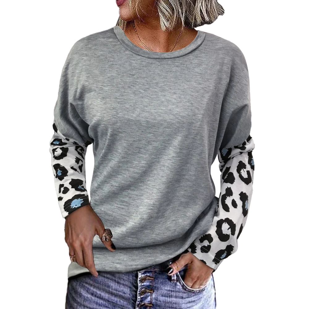 Leopard Print Top Crewneck Neck Long Sleeve Casual Color Block Blouse Sweatshirts Grey XXL