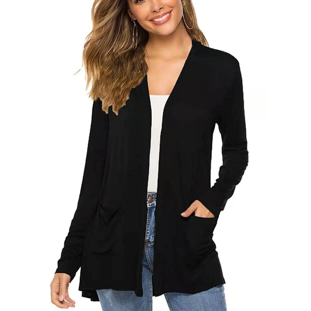 Women Top Long Sleeve Open Front Pocket Stylish Fashionable Loose Fit Top for Lady Black L