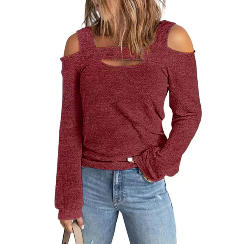 Women Cold Shoulder Top Cut Out Design Solid Color Fashionable Long Sleeve Blouse for Home Shopping Red L