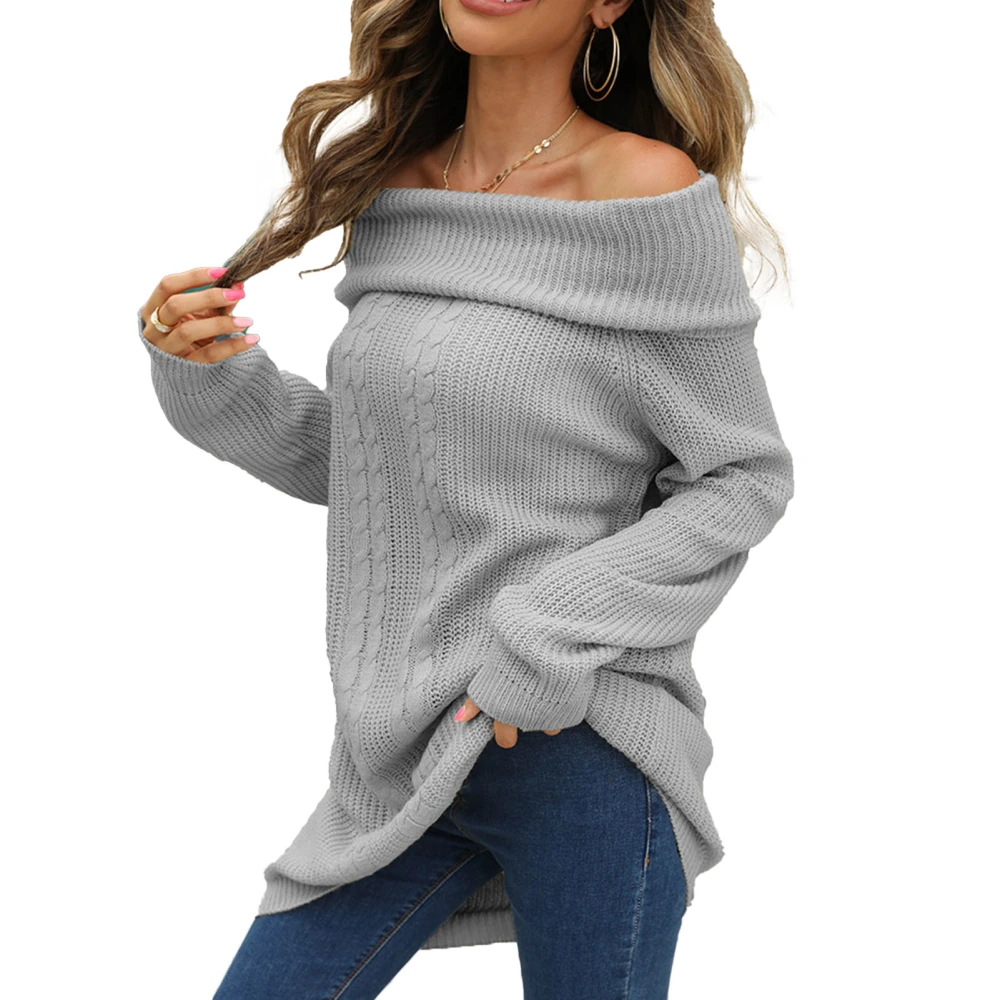 Women Long Sleeve Sweater Long Hem Boat Neck Off Shoulder Knitted Top for Autumn and Winter Grey S