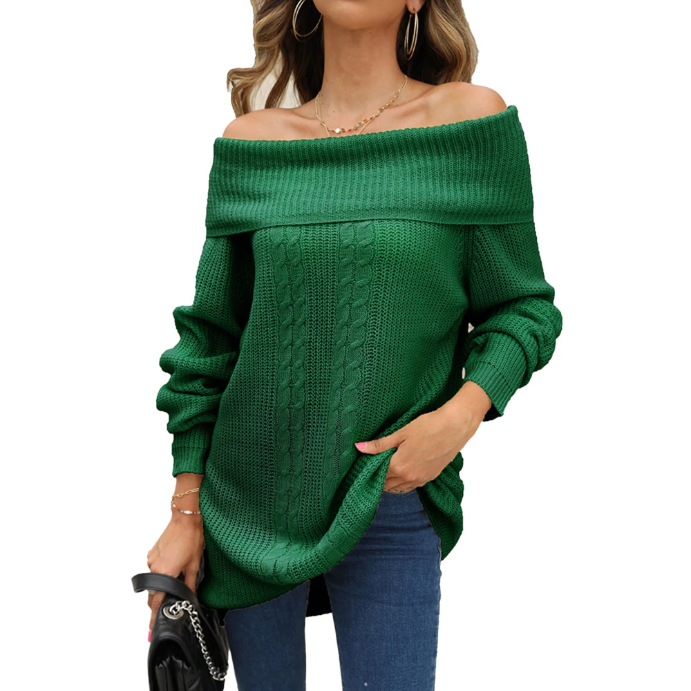 Women Long Sleeve Sweater Long Hem Boat Neck Off Shoulder Knitted Top for Autumn and Winter Green L