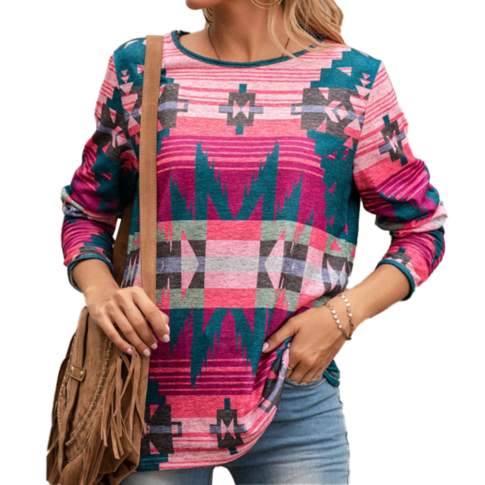 Printed T Shirt Vintage Ethnic Style Round Neck Pullover Long Sleeved Loose Shirt Pink L