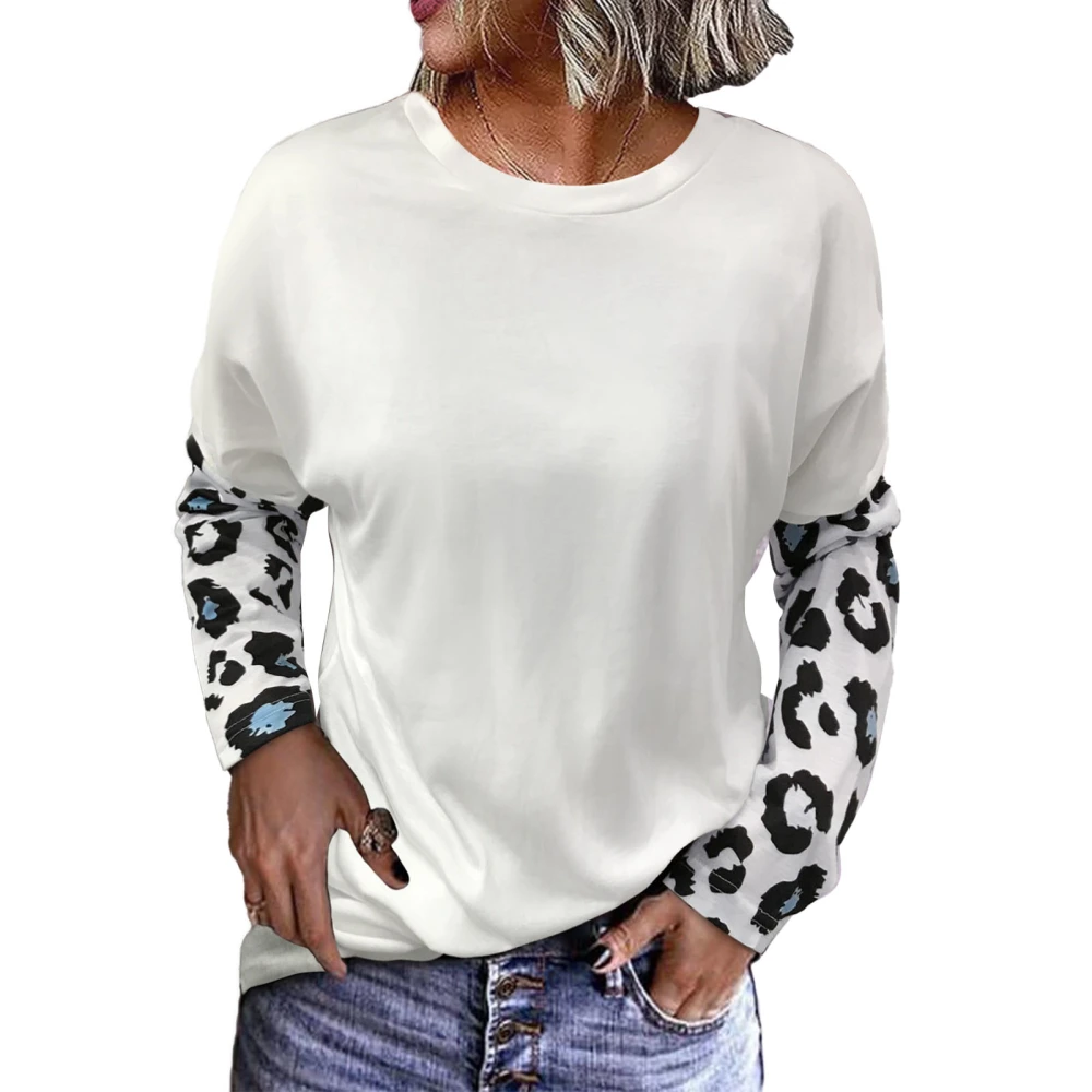 Leopard Print Top Crewneck Neck Long Sleeve Casual Color Block Blouse Sweatshirts White M