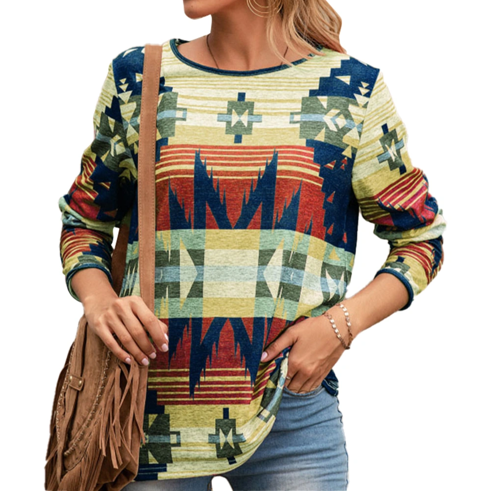 Printed T Shirt Vintage Ethnic Style Round Neck Pullover Long Sleeved Loose Shirt Brown L