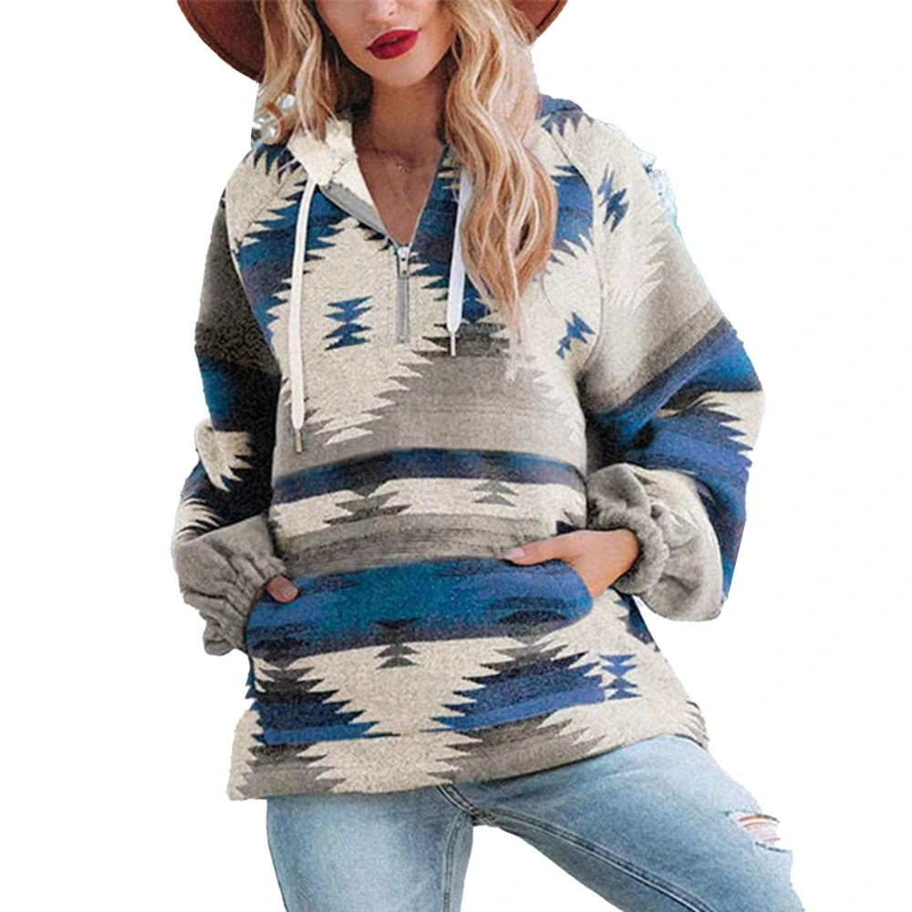 Women V Neck Hoodie Pullover Tops Casual Fashionable Long Sleeve Drawstring Printed Sweatshirt with Pocket Blue XXL