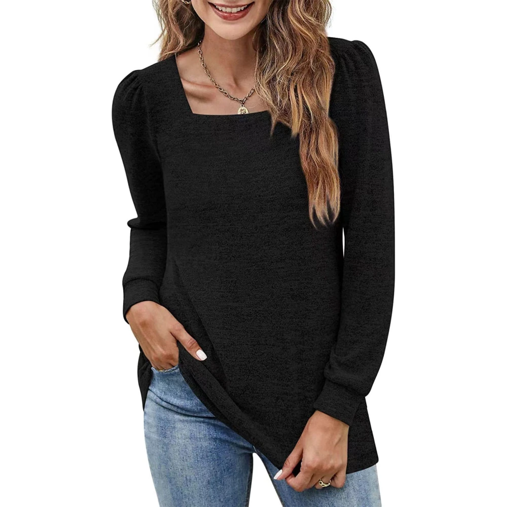 Women Square Neck T Shirt Fashionable Casual Pure Color Pleated Long Sleeve Tops for Work Shopping Black M