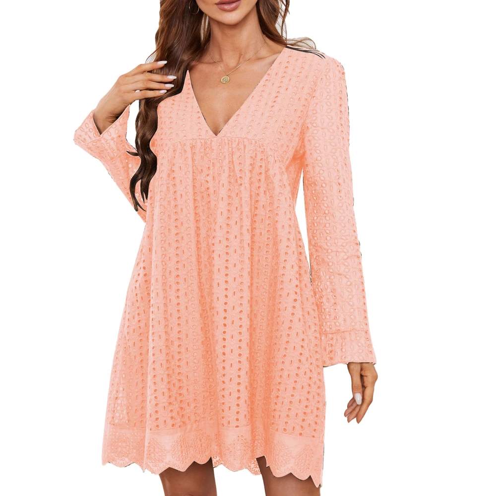 Women Dress One Piece Lace V Neck Long Sleeve Pure Colour with Pockets for Home Office Pink L