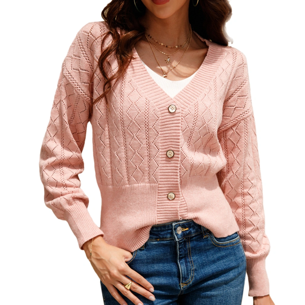 Short Knitted Sweater Button Hollow Out V Neck Puff Long Sleeve Casual Cardigan for Women Pink M