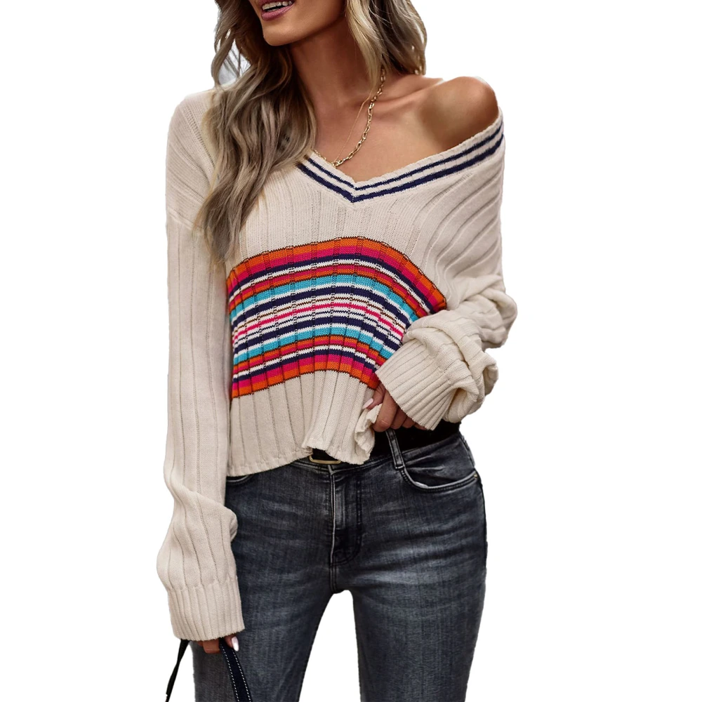 Color Bolck Sweater Knit V Neck Long Sleeves Casual Comfortable Simple Pullover Sweater Apricot L