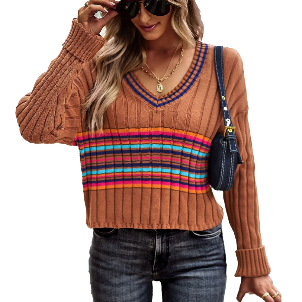 Color Bolck Sweater Knit V Neck Long Sleeves Casual Comfortable Simple Pullover Sweater Brown XL