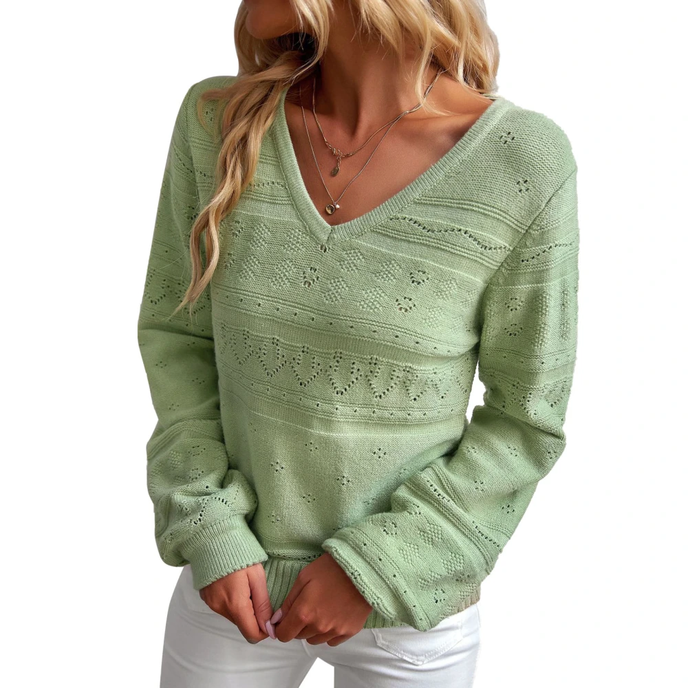 Women Loose Sweater Long Sleeve V Neck Casual Hollow Pullover Top for Autumn and Winter Green L