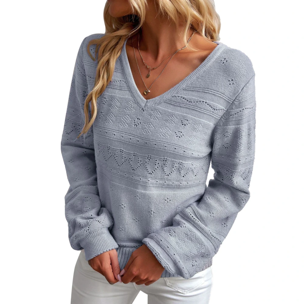 Women Loose Sweater Long Sleeve V Neck Casual Hollow Pullover Top for Autumn and Winter Blue XL