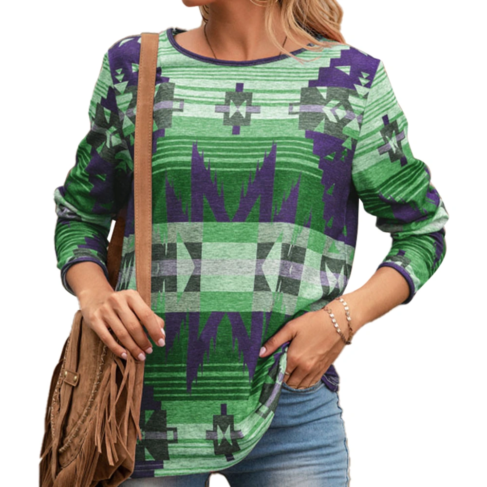 Printed T Shirt Vintage Ethnic Style Round Neck Pullover Long Sleeved Loose Shirt Green S