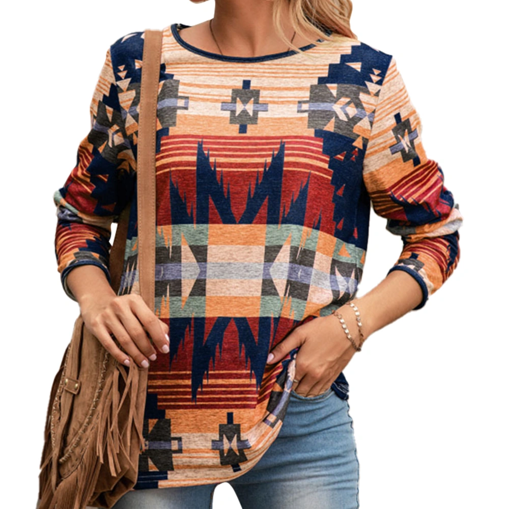 Printed T Shirt Vintage Ethnic Style Round Neck Pullover Long Sleeved Loose Shirt Red M