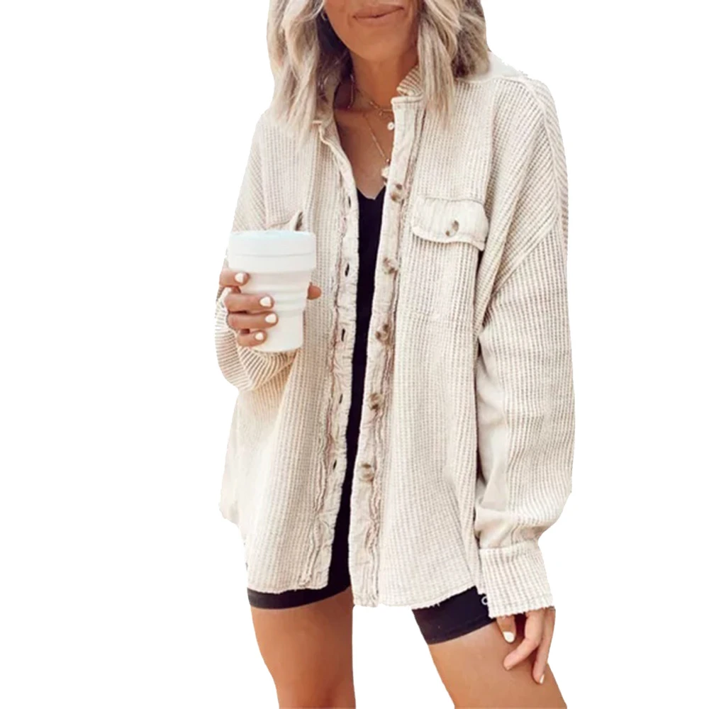 Waffle Knit Button Down Shirt Oversized Boyfriend Shirt Jacket Loose Casual Women Waffle Knit Shacket for Fall Winter Apricot L