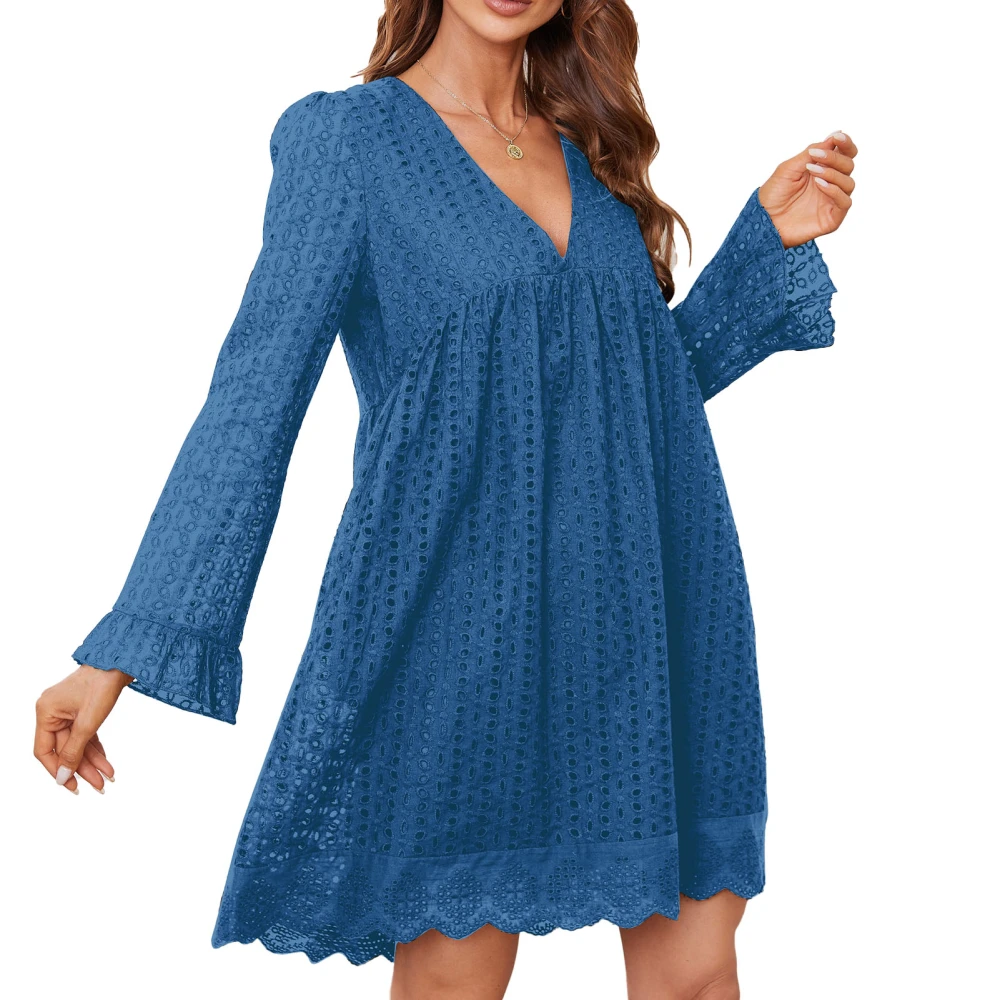 Women Dress One Piece Lace V Neck Long Sleeve Pure Colour with Pockets for Home Office Dark Blue M