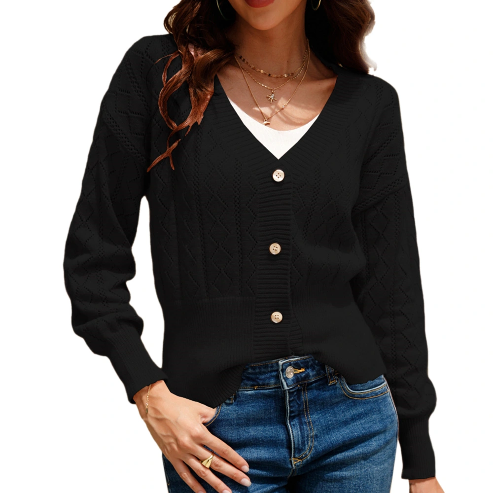 Short Knitted Sweater Button Hollow Out V Neck Puff Long Sleeve Casual Cardigan for Women Black S