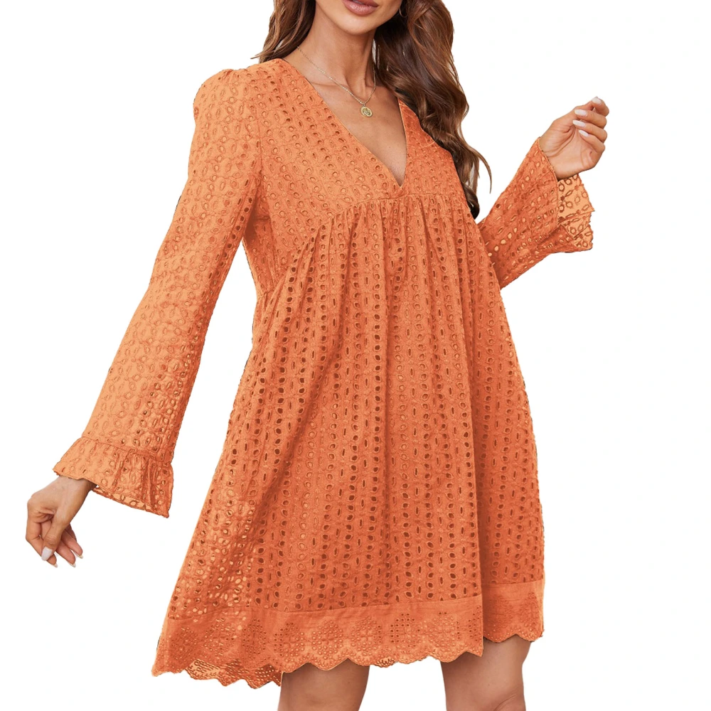 Women Dress One Piece Lace V Neck Long Sleeve Pure Colour with Pockets for Home Office Orange S