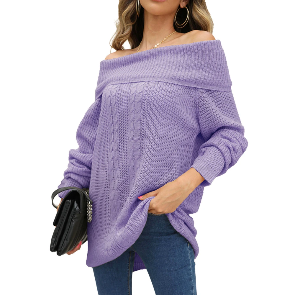 Women Long Sleeve Sweater Long Hem Boat Neck Off Shoulder Knitted Top for Autumn and Winter Purple M