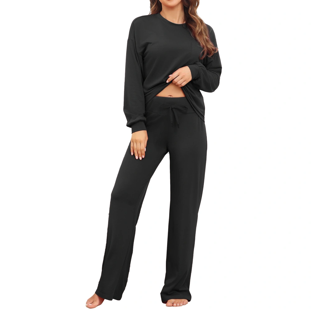 Women Pajamas Set Soft Breathable 2 Piece Crewneck Long Sleeve Tops Drawstring Pants Sleepwear Loungewear Black M