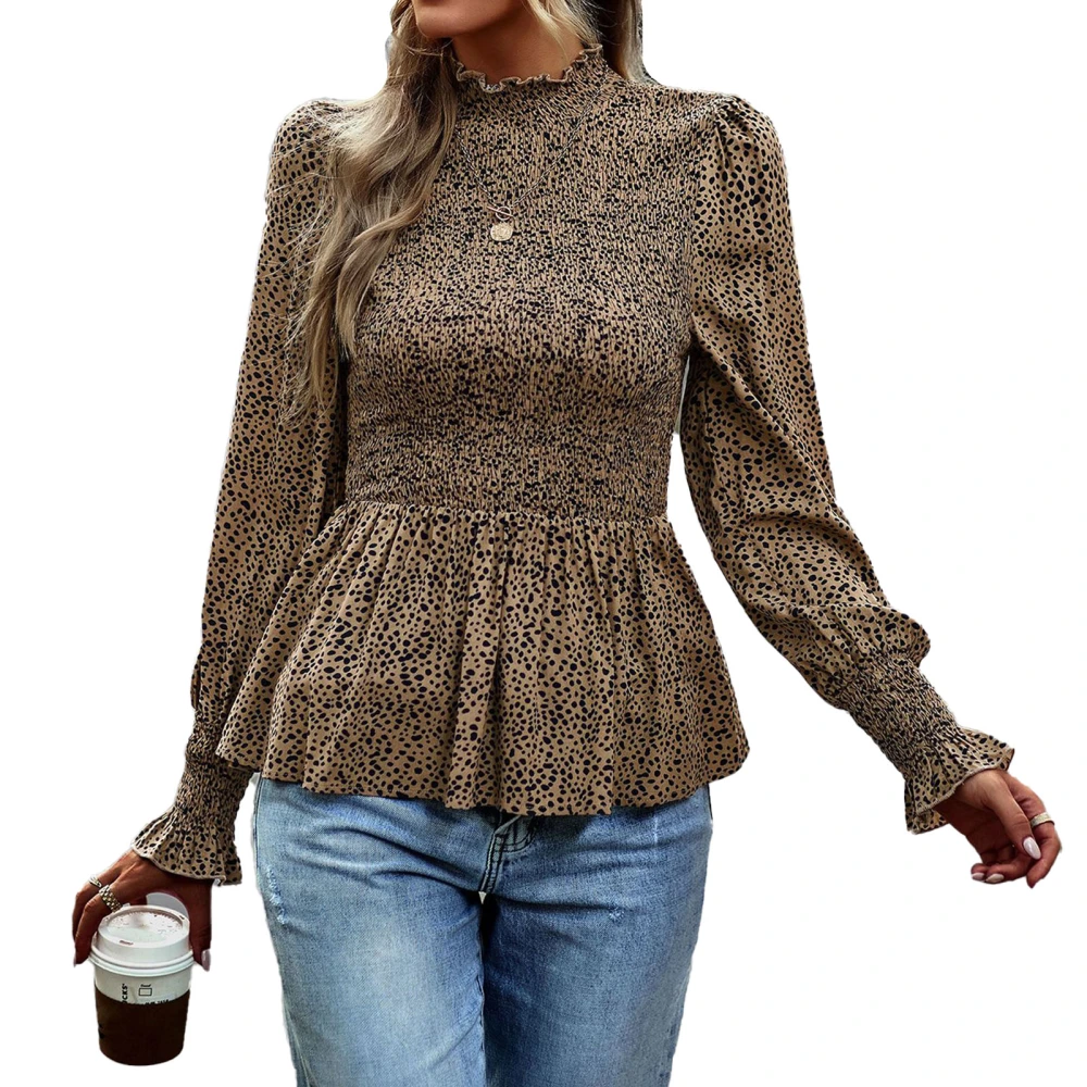 Round Neck Women Blouse Fashionable Casual Breathable Elegant Female Long Sleeve Top for Shopping Working Brown M