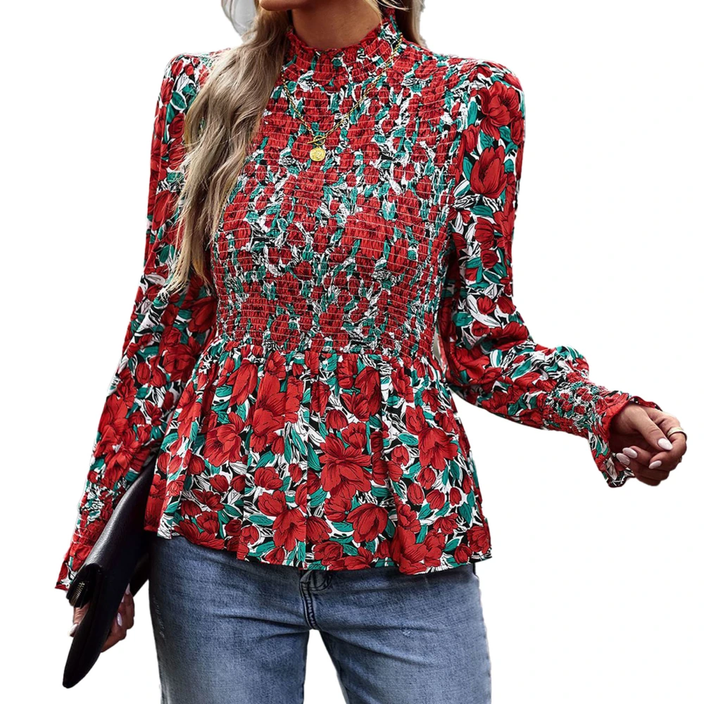 Round Neck Women Blouse Fashionable Casual Breathable Elegant Female Long Sleeve Top for Shopping Working Red L