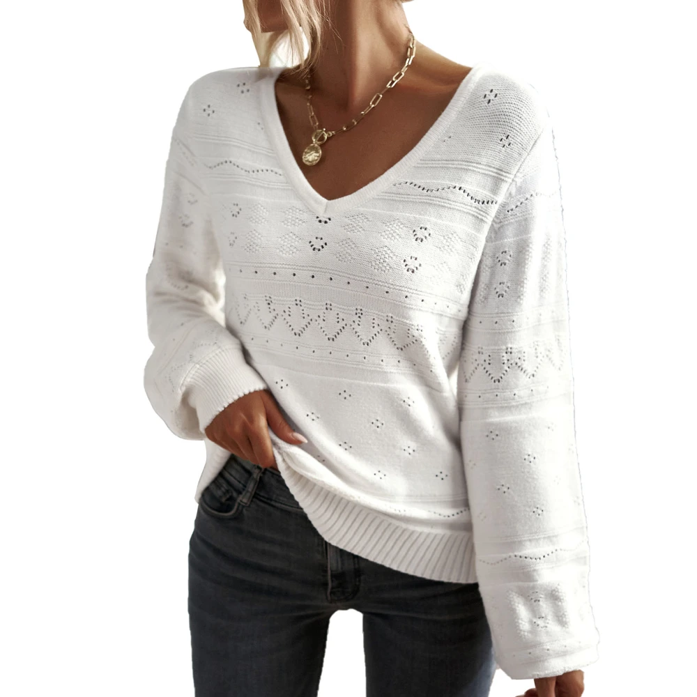 Women Loose Sweater Long Sleeve V Neck Casual Hollow Pullover Top for Autumn and Winter White XL