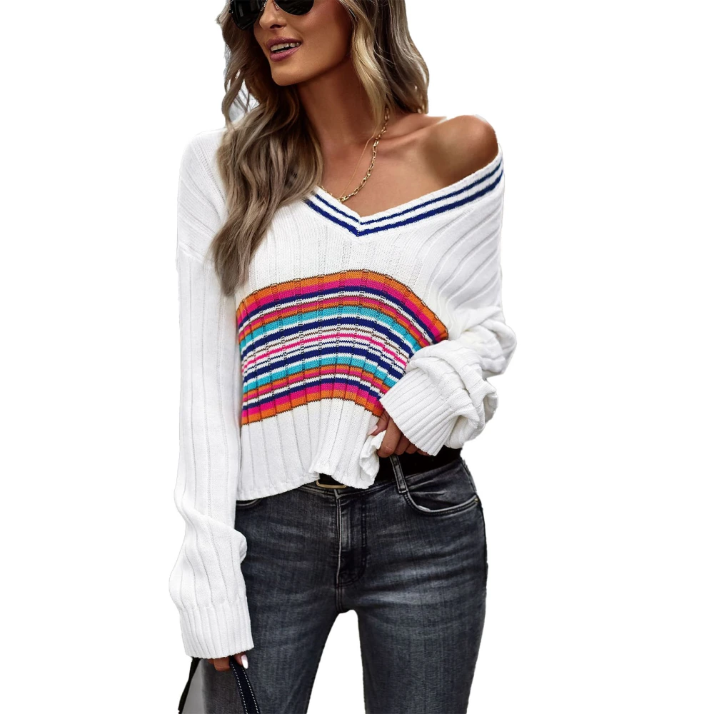 Color Bolck Sweater Knit V Neck Long Sleeves Casual Comfortable Simple Pullover Sweater White XL