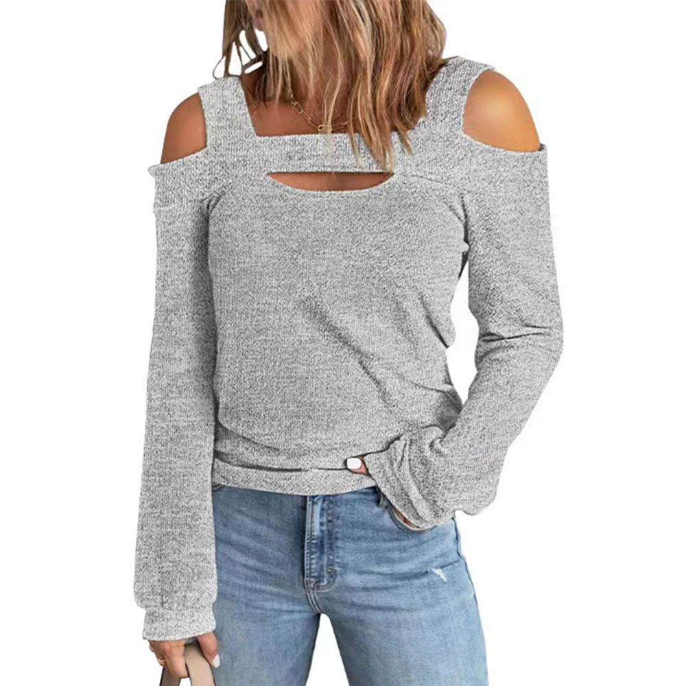 Women Cold Shoulder Top Cut Out Design Solid Color Fashionable Long Sleeve Blouse for Home Shopping Grey XXL