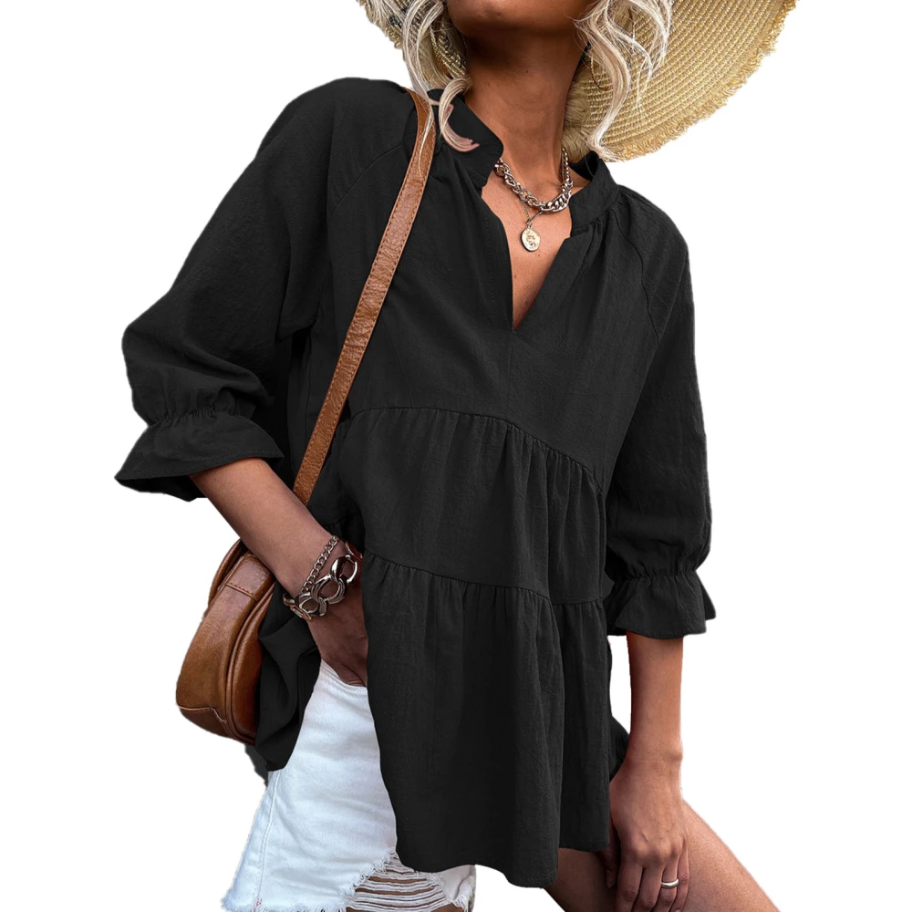 Women V Neck Blouse Soft Comfortable Loose Casual Loose Casual Blouse Top for Home Office Appointment Black L