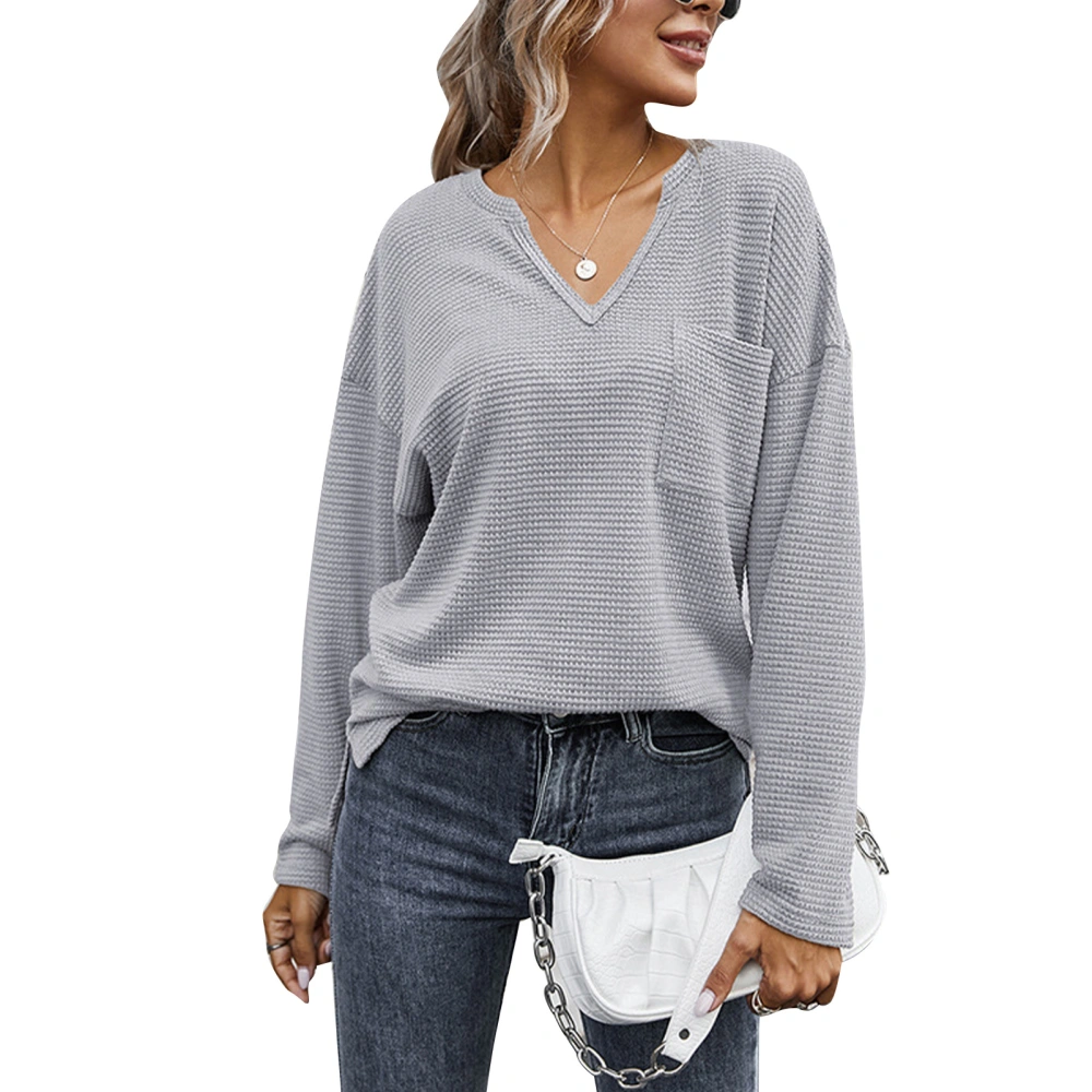 Women Blouse Long Sleeve Pure Colour V Neck Pullover with Pocket for Winter Autumn Grey M