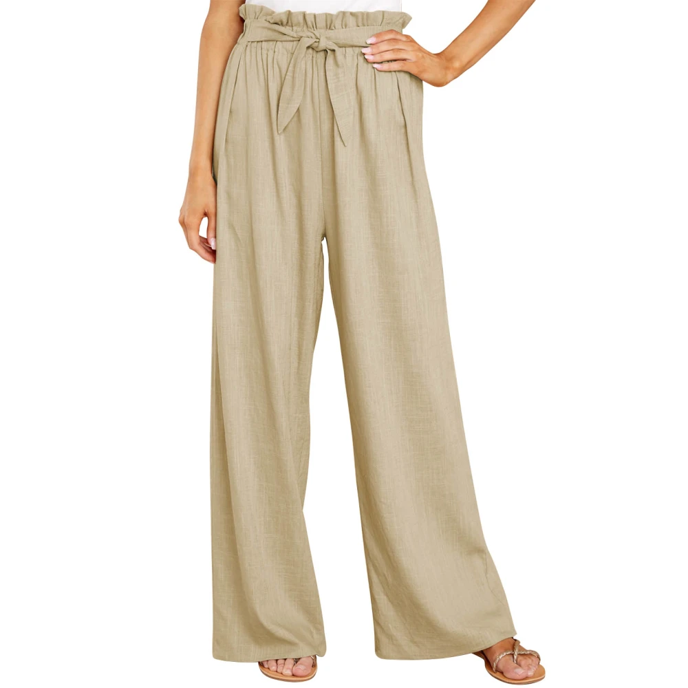 Long Lounge Pants Wide Leg Pure Color Stylish Belted Long Pants for Daily Life Party Khaki L