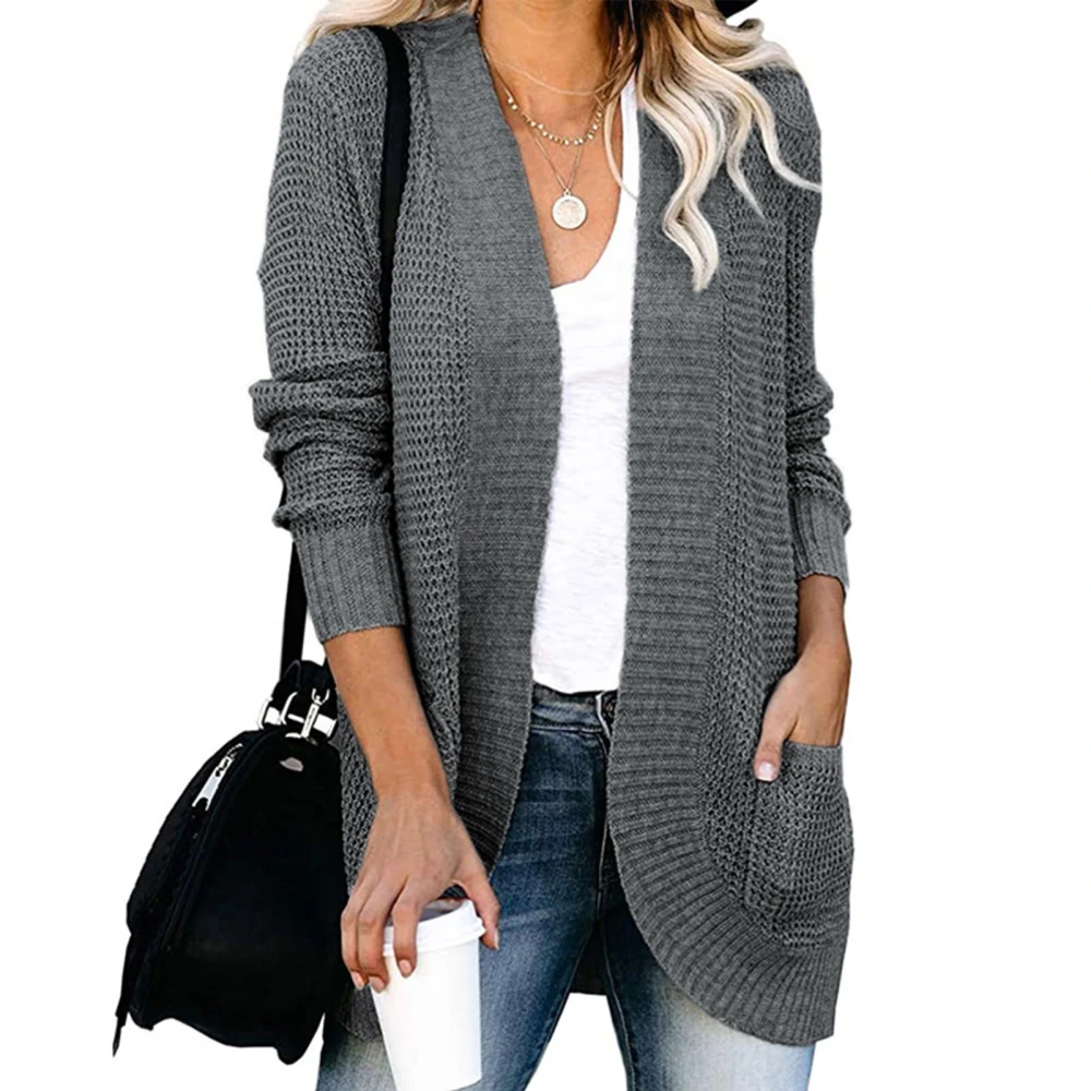 Cardigan Long Sleeve Pocket Pure Color Fashionable Casual Curved Hem Tops for Women Dark Gray S