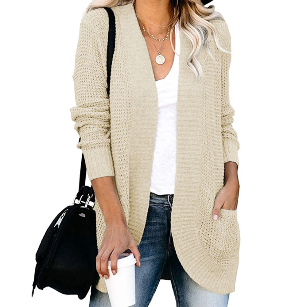 Cardigan Long Sleeve Pocket Pure Color Fashionable Casual Curved Hem Tops for Women Apricot XL