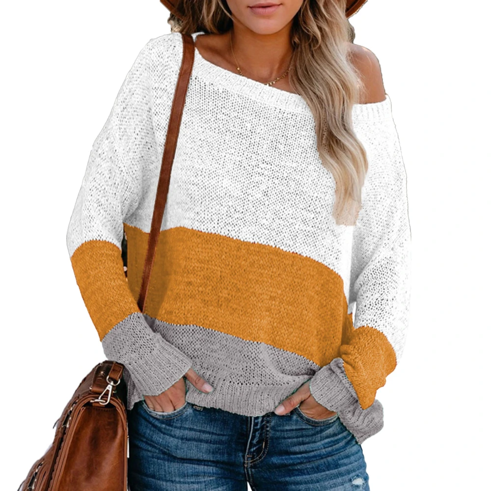 Woman Round Neck Long Sleeve Sweater Striped Color Block Off Shoulder Oversized Knit Pullover Yellow M