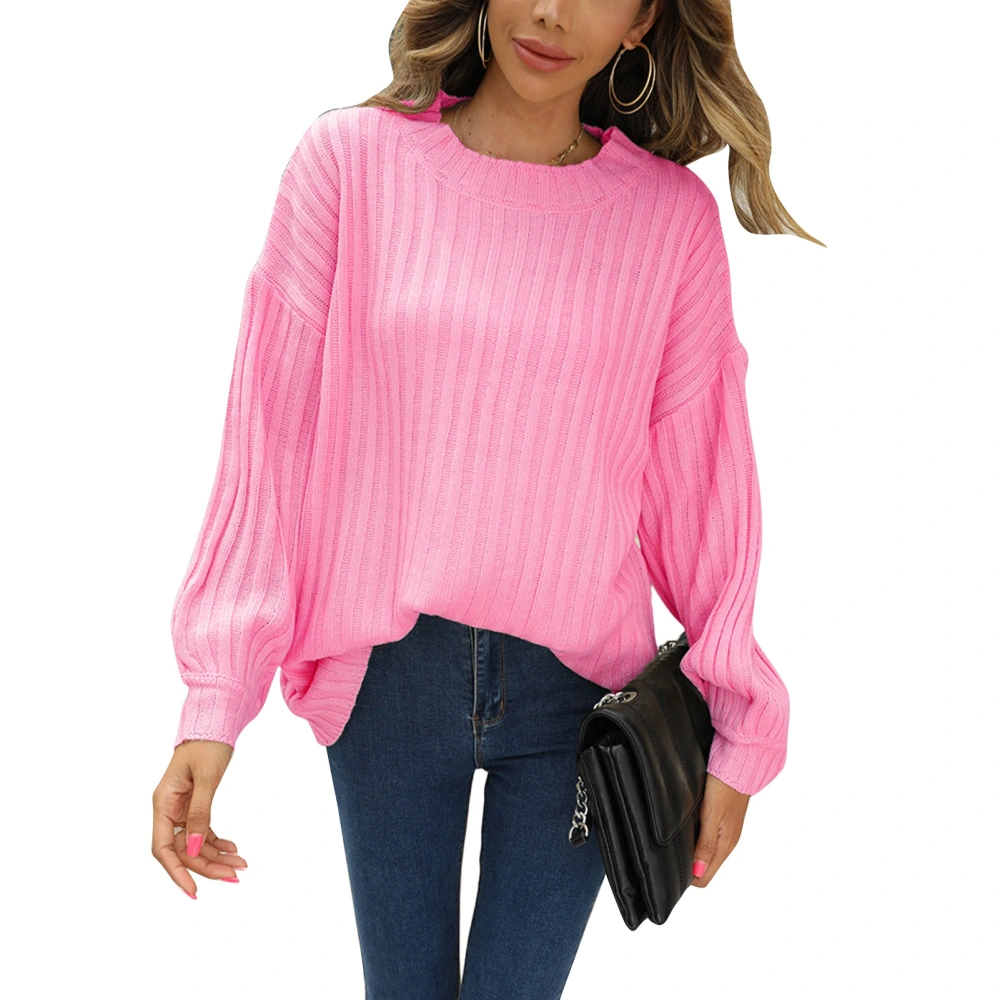 Women Crewneck Rib Knit Sweater Autumn Winter Loose Casual Pure Color Pullover Sweater for Shopping Pink M