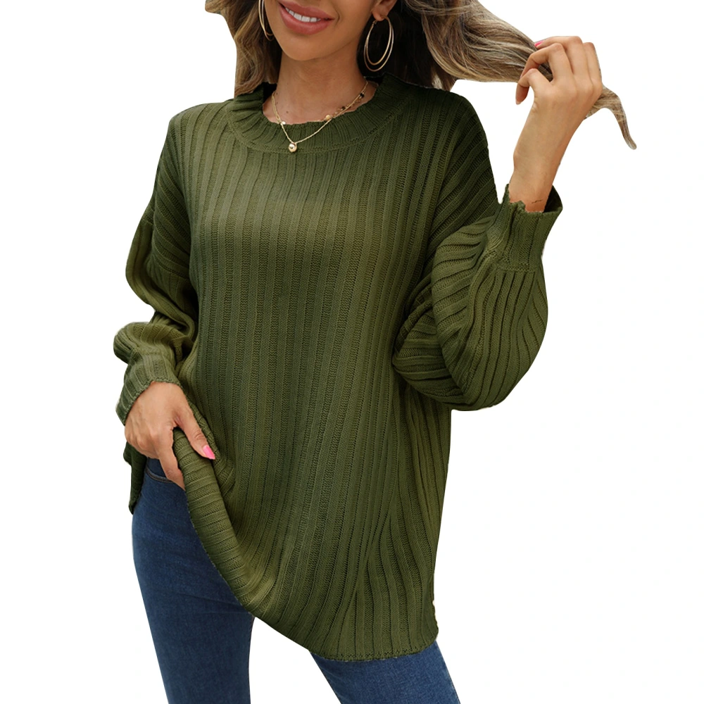 Women Crewneck Rib Knit Sweater Autumn Winter Loose Casual Pure Color Pullover Sweater for Shopping OD Green XXL