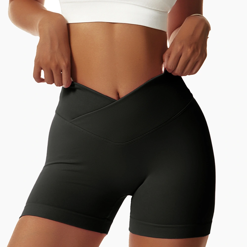 Women Wrap High Waist Workout Shorts Pure Color Elastic Breathable Seamless Athletic Yoga Shorts Black L