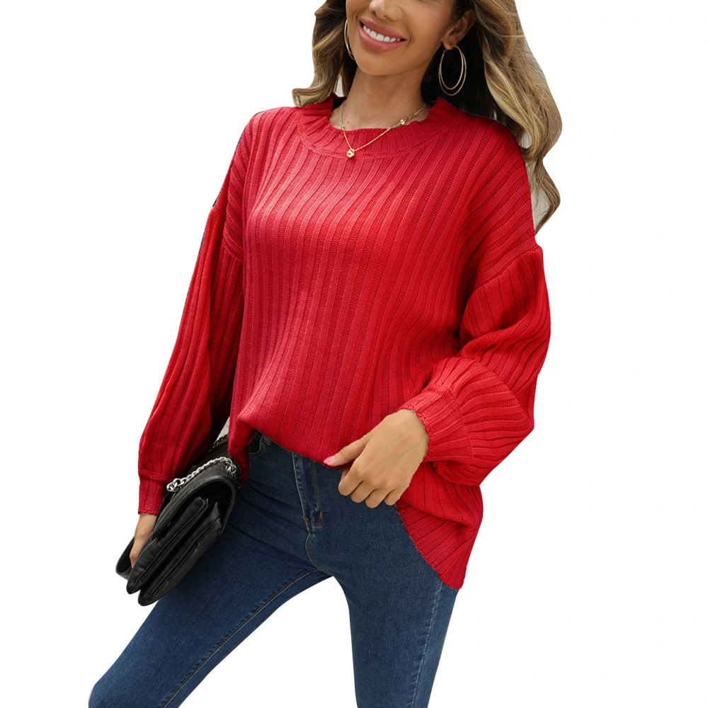 Women Crewneck Rib Knit Sweater Autumn Winter Loose Casual Pure Color Pullover Sweater for Shopping Red S