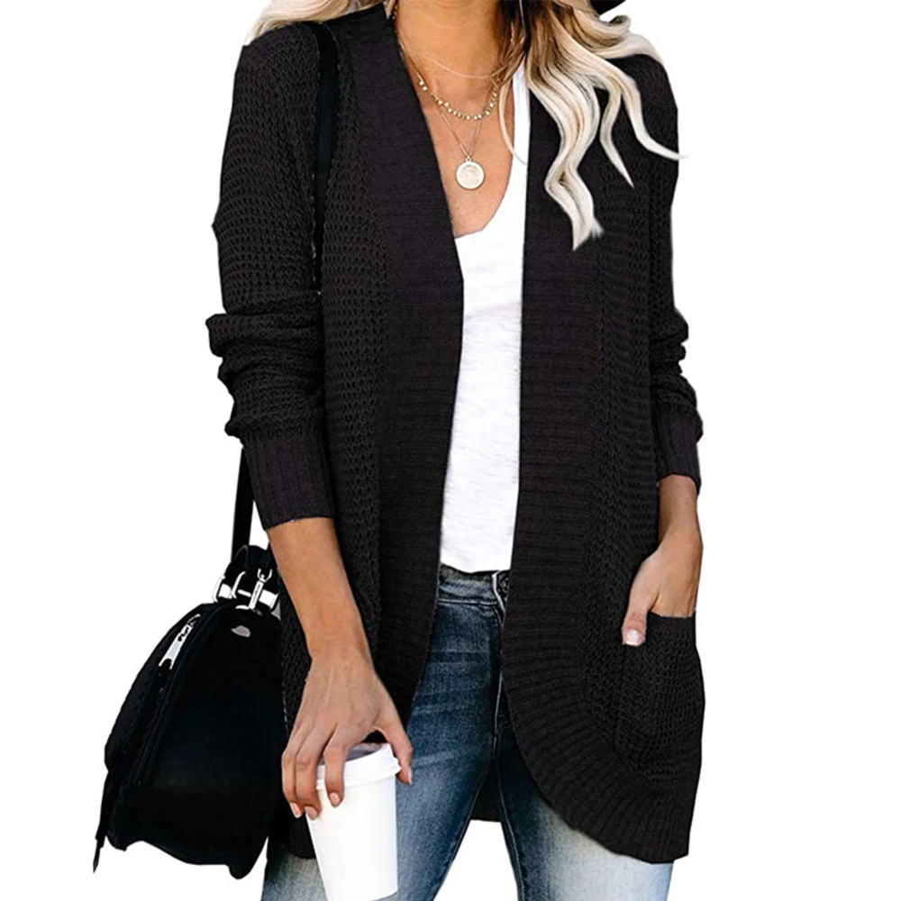 Cardigan Long Sleeve Pocket Pure Color Fashionable Casual Curved Hem Tops for Women Black XL