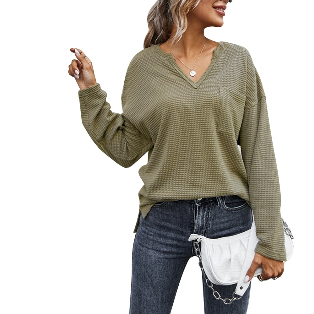 Women Blouse Long Sleeve Pure Colour V Neck Pullover with Pocket for Winter Autumn OD Green L