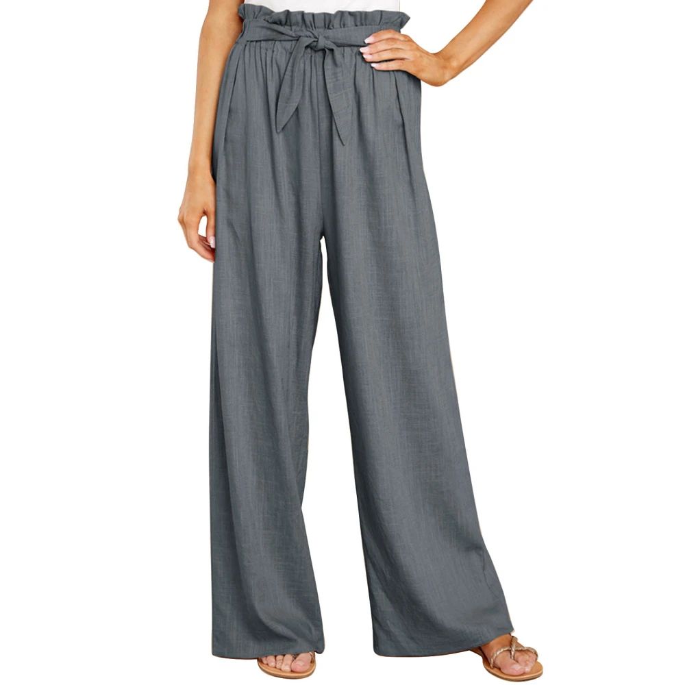 Long Lounge Pants Wide Leg Pure Color Stylish Belted Long Pants for Daily Life Party Grey XL