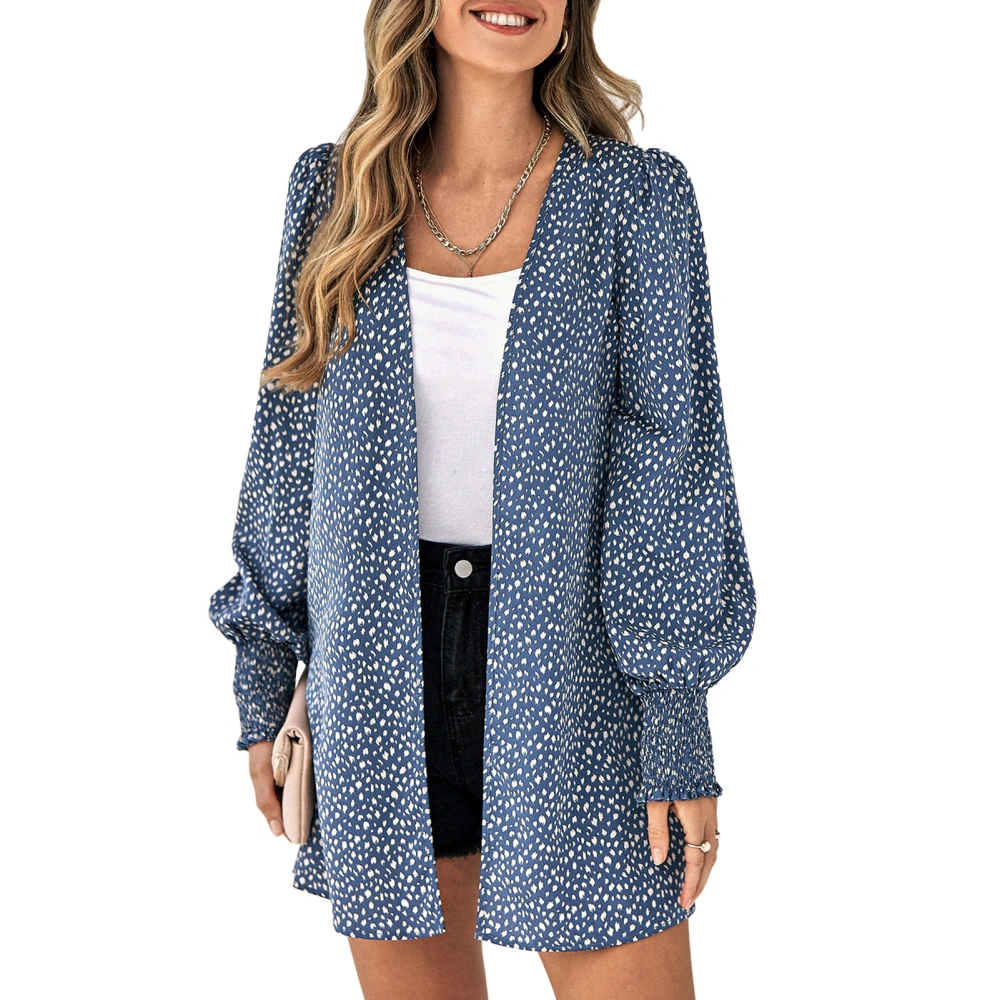 Women Lantern Sleeve Cardigan Fashionable Classic Leopard Print Fall Winter Long Sleeves Printed Shirts Tops Blue L