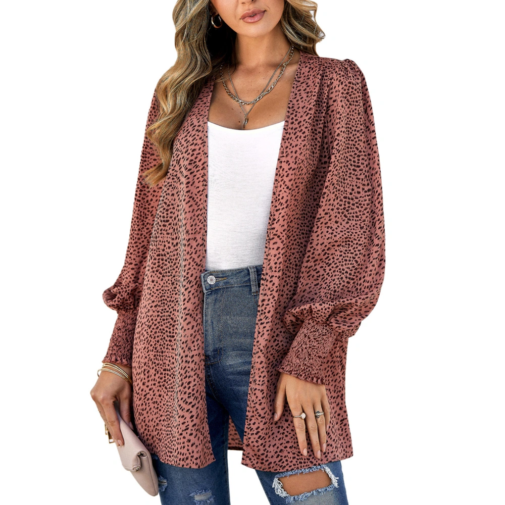 Women Lantern Sleeve Cardigan Fashionable Classic Leopard Print Fall Winter Long Sleeves Printed Shirts Tops Brownish Red L